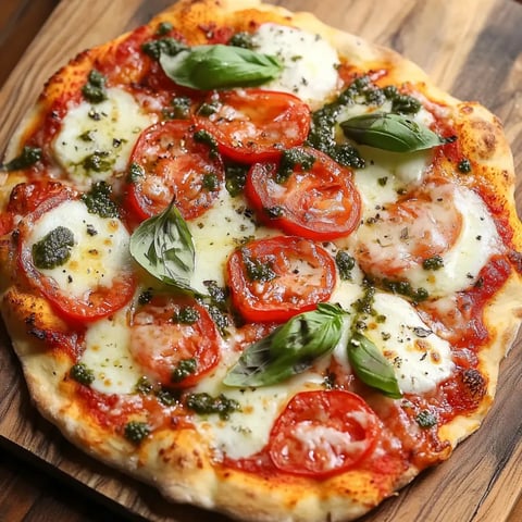 A pizza with tomatoes and basil on top.