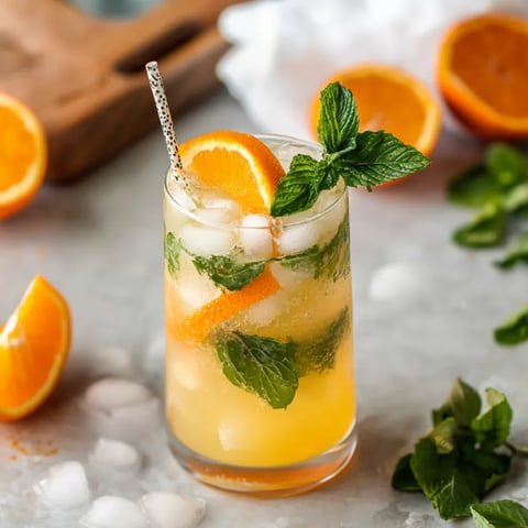 Um copo de suco de laranja com hortelã como decoração.