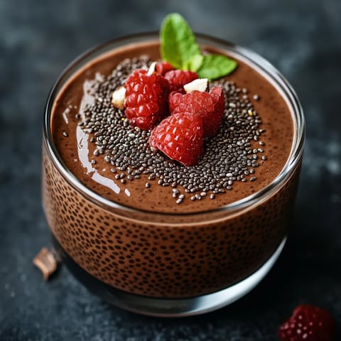 Um copo de chocolate com framboesas por cima.