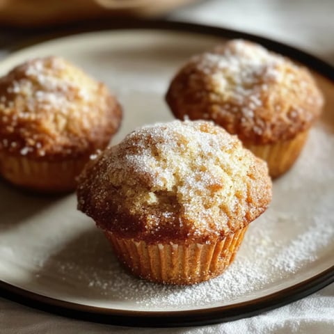 Vários muffins polvilhados com açúcar de confeiteiro num prato.