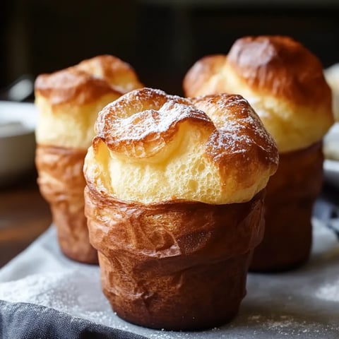 Três popovers com açúcar de confeiteiro por cima.