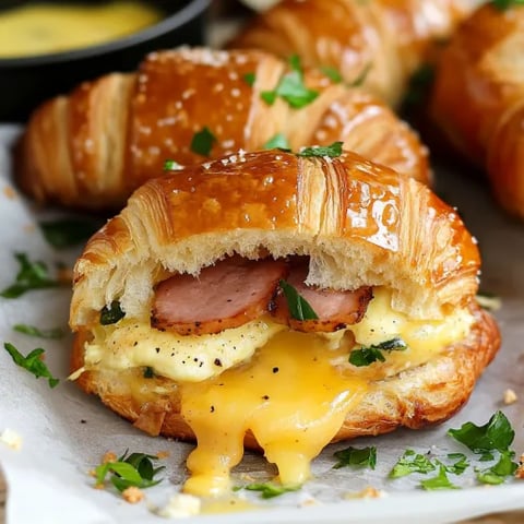Sanduíche de croissant com presunto e queijo.