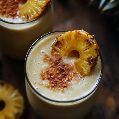Duas taças de bebida de abacaxi com pedaço de abacaxi em cada uma.